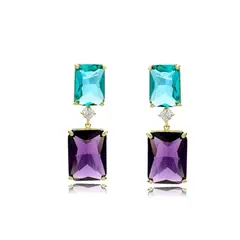 VANE COLLECTION - Aros para mujer pegado colgante fino baño oro circones verde y morado