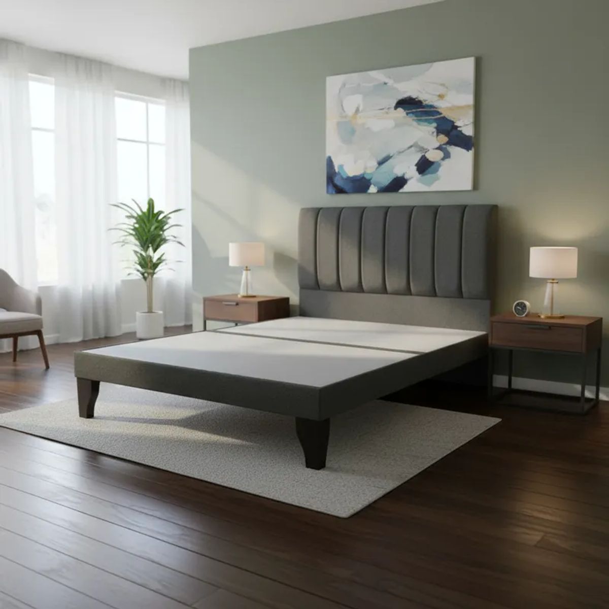 FLOBAL - Cama Europea 2 Plazas Base Dividida + Respaldo Franjas Marengo