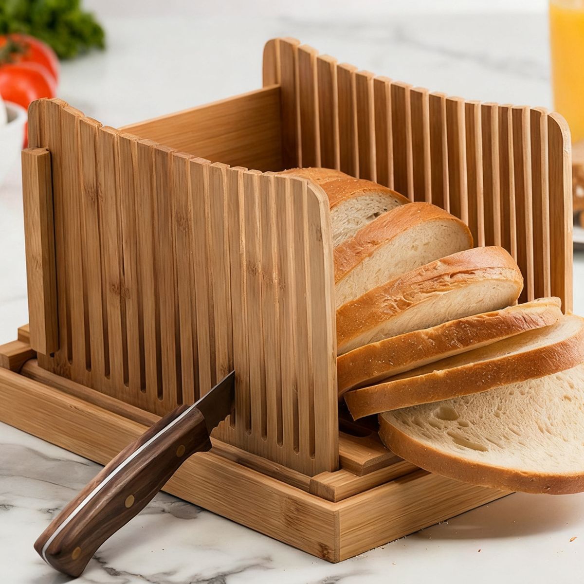 ANYHOGAR - Rebanadora De Pan De Bambú Con Bandeja Colectora De Migas
