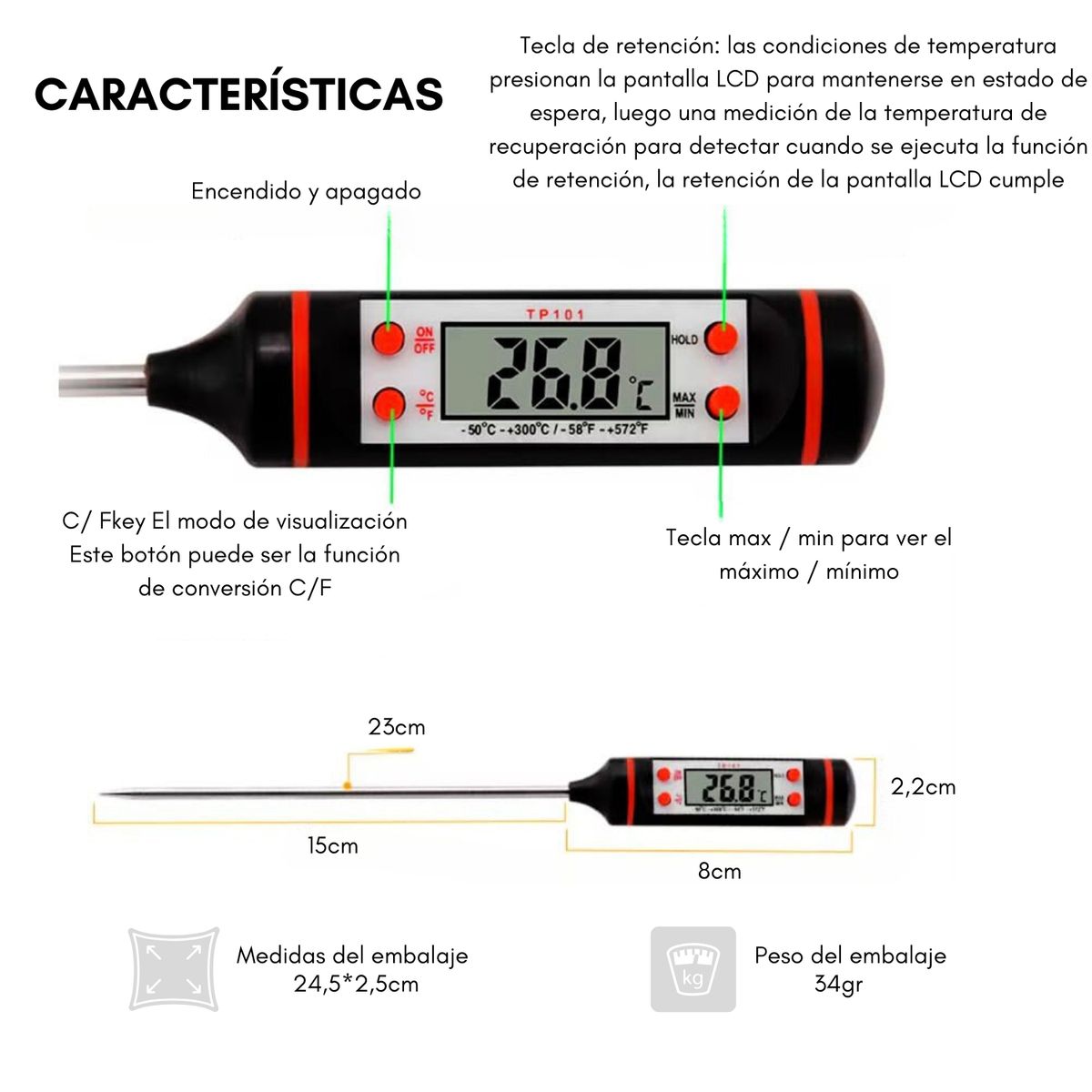 GENERICO - Termómetro De Cocina Digital Para Alimentos Gastronomía