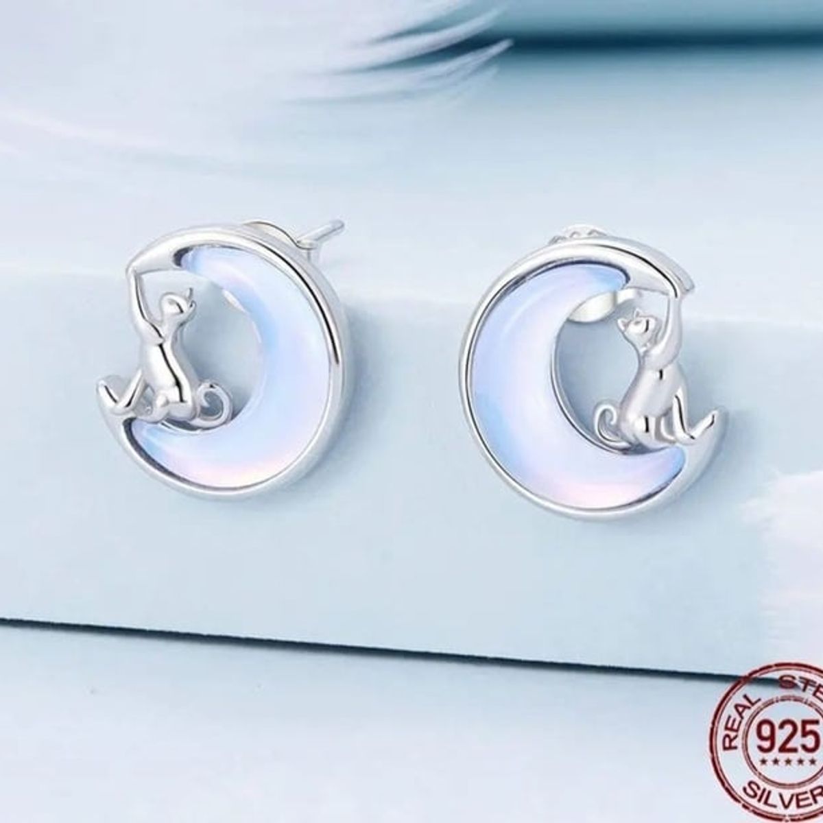 GENERICO - Aros gato piedra luna plata 925 joya juvenil mujer