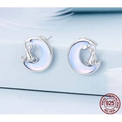 Imagen 2 del producto Aros gato piedra luna plata 925 joya juvenil mujer