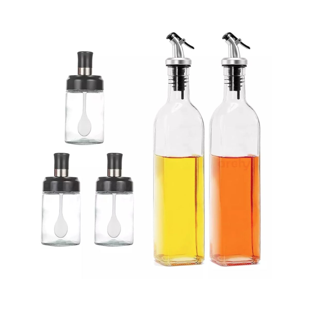 GENERICO - Set De 2 Botellas Aceite, Vinagre + 3 Especieros De Cristal