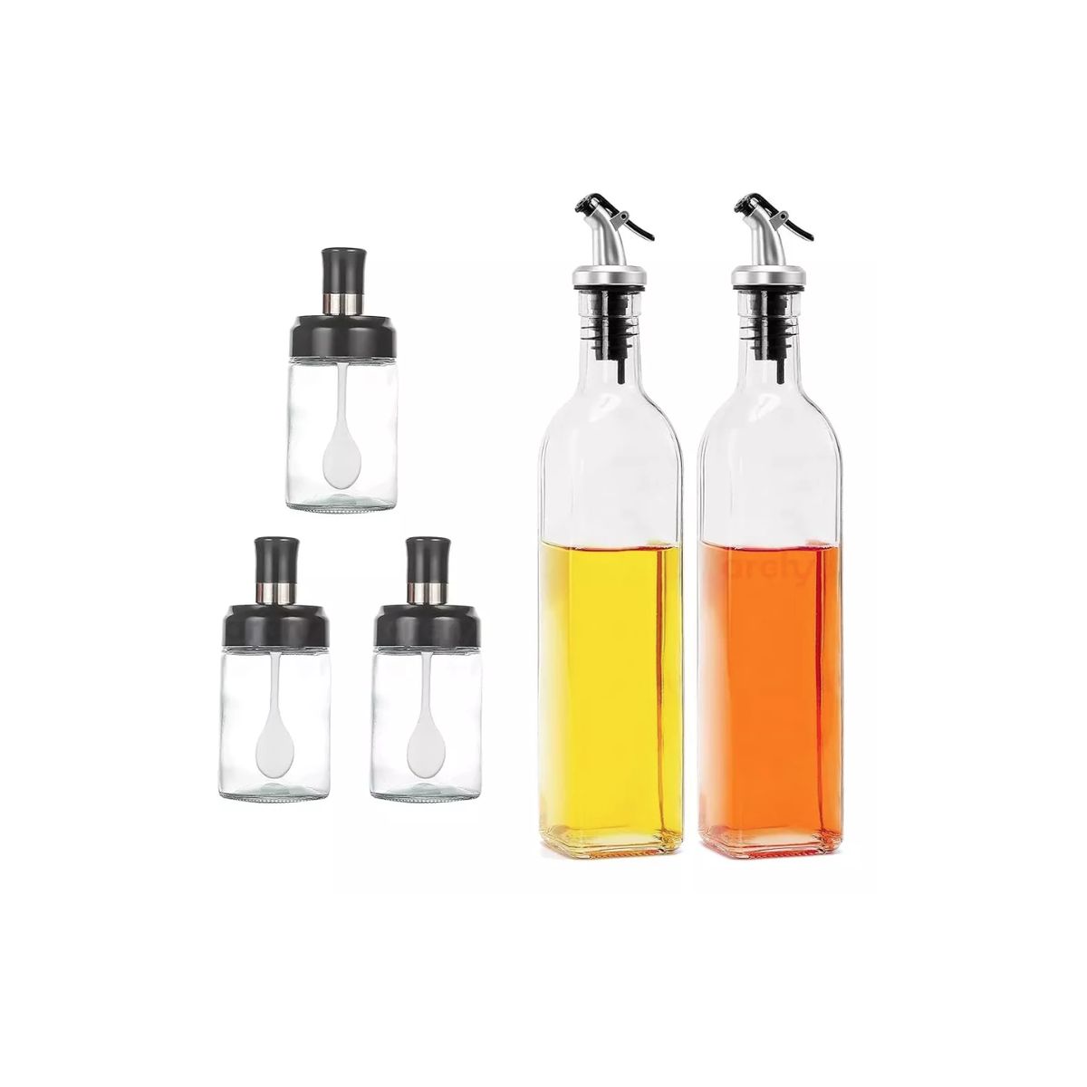 GENERICO - Set De 2 Botellas Aceite, Vinagre + 3 Especieros De Cristal