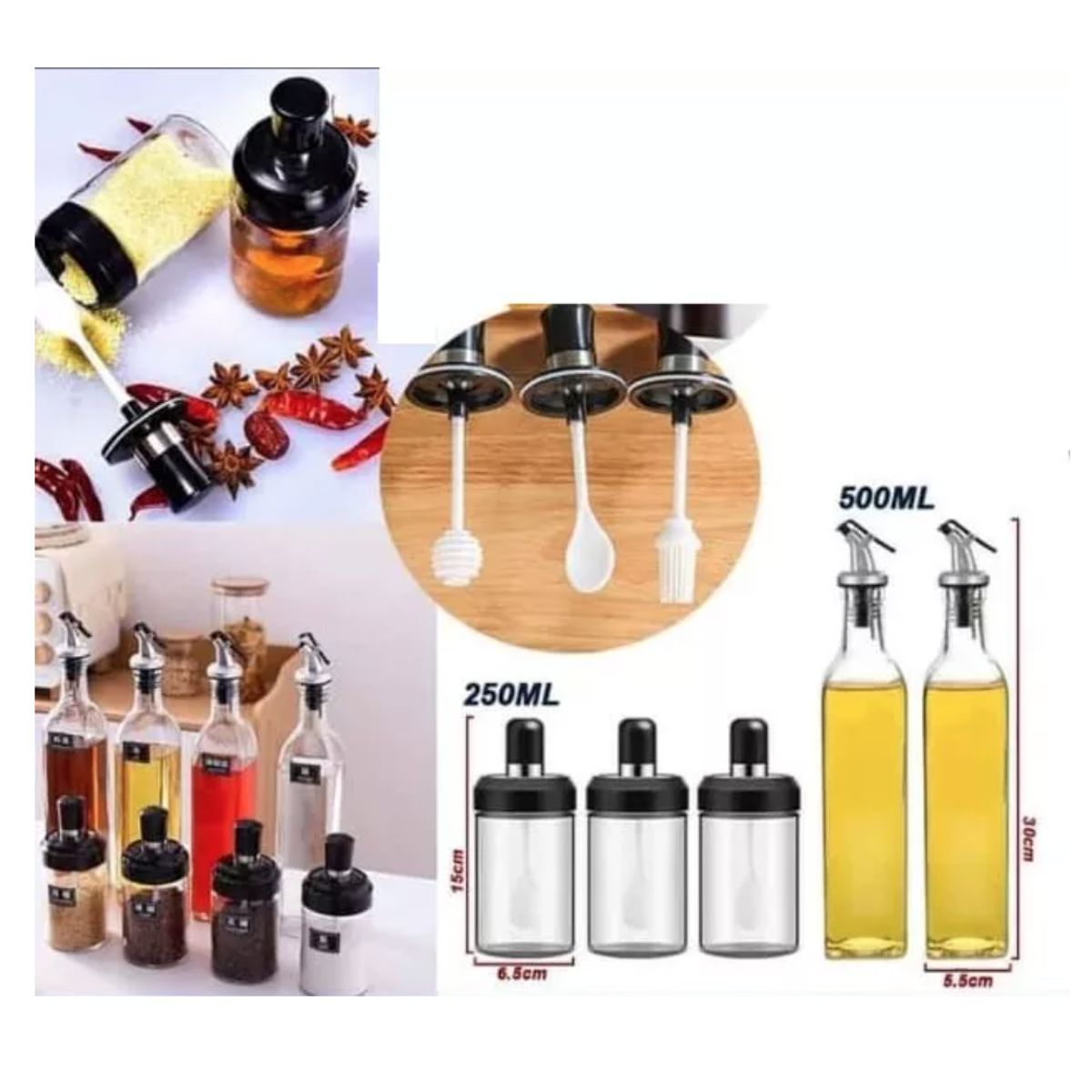 GENERICO - Set De 2 Botellas Aceite, Vinagre + 3 Especieros De Cristal