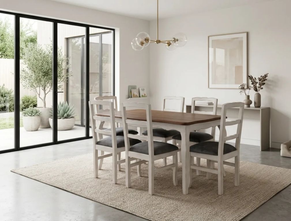 Comedor 6 Sillas normando 90x160 Cubierta Miel Tapiz gris