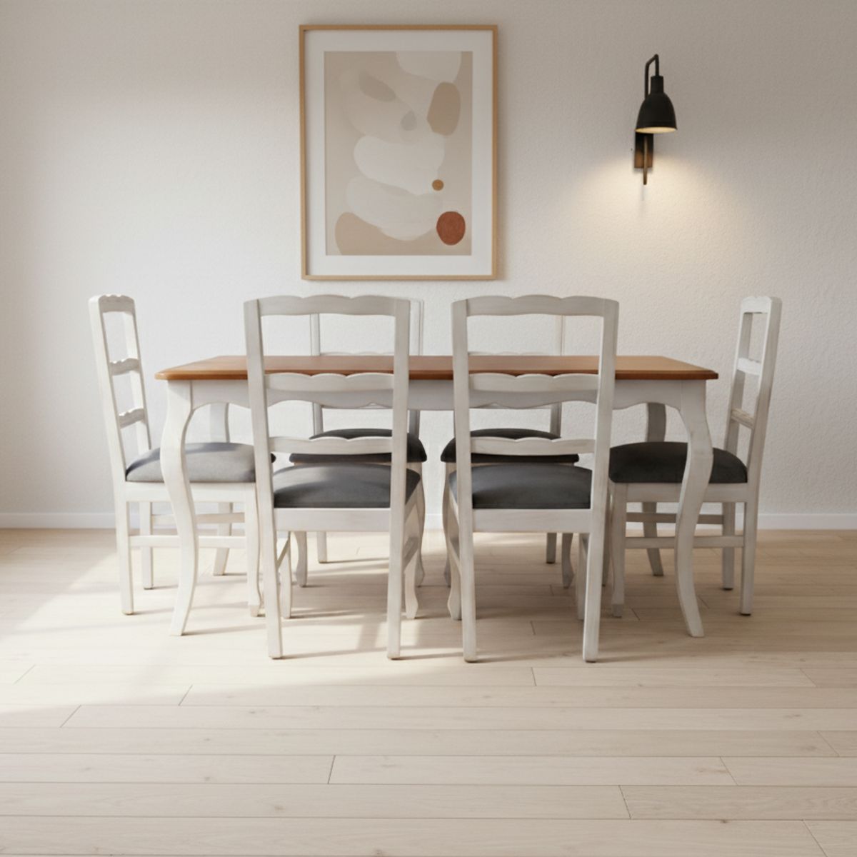 MUEBLES NATIVA - Comedor normando 90x160 Cubierta Miel 6 sillas Tapiz gris