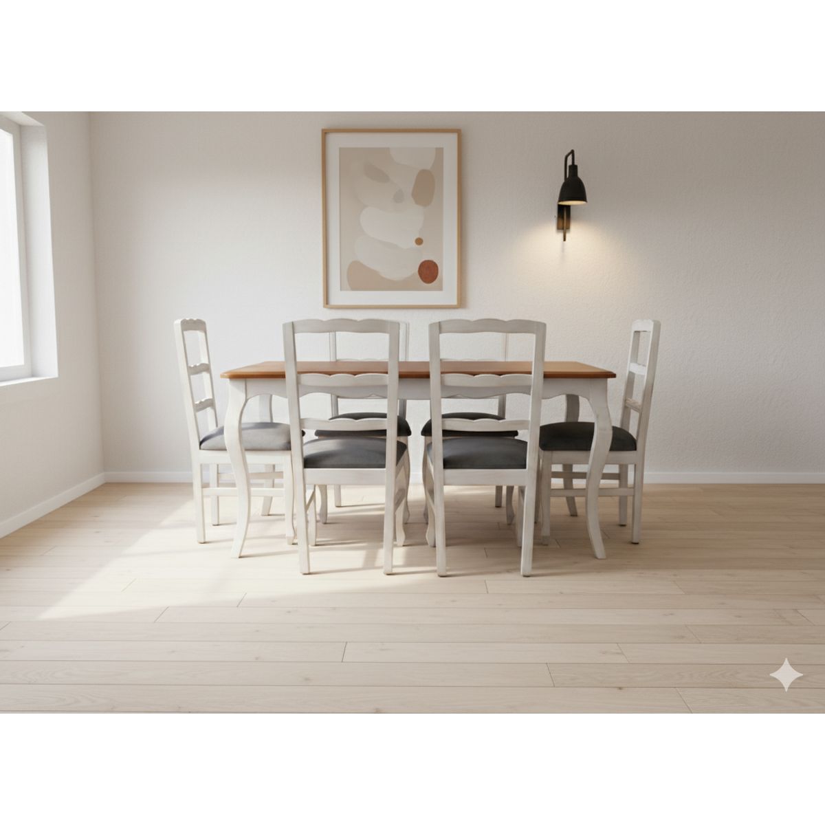 MUEBLES NATIVA - Comedor normando 90x160 Cubierta Miel 6 sillas Tapiz gris