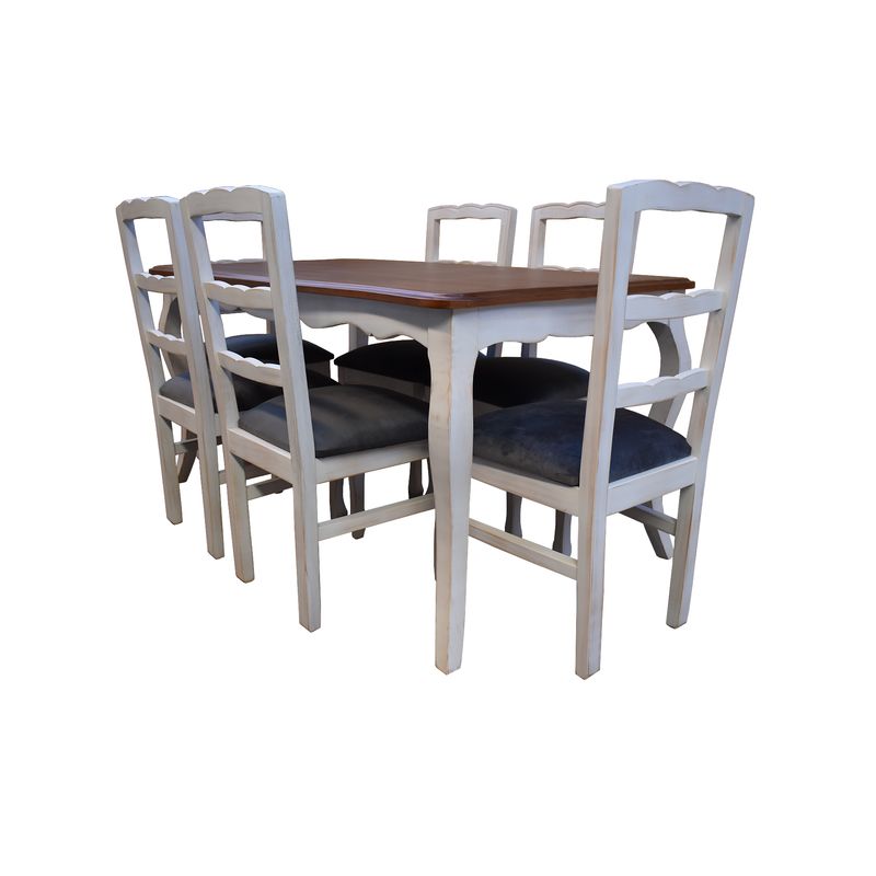 MUEBLES NATIVA - Comedor normando 90x160 Cubierta Miel 6 sillas Tapiz gris