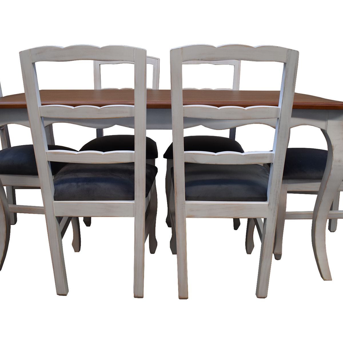 MUEBLES NATIVA - Comedor normando 90x160 Cubierta Miel 6 sillas Tapiz gris