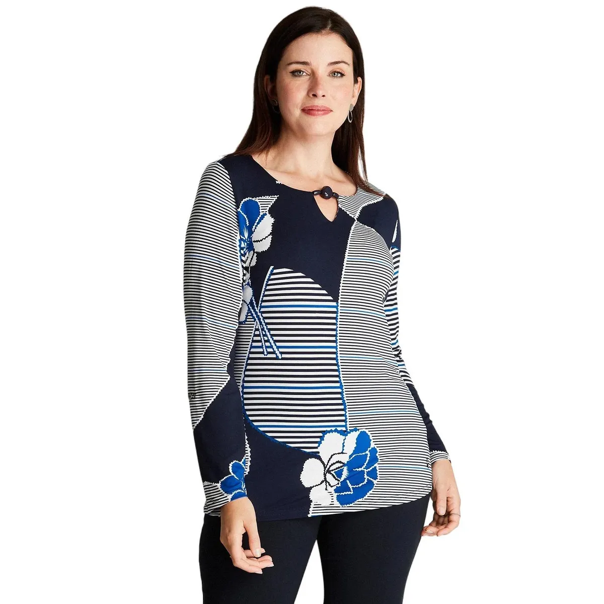 LORENZO DI PONTTI - Polera Azul Manga Larga Estampado Cuello V