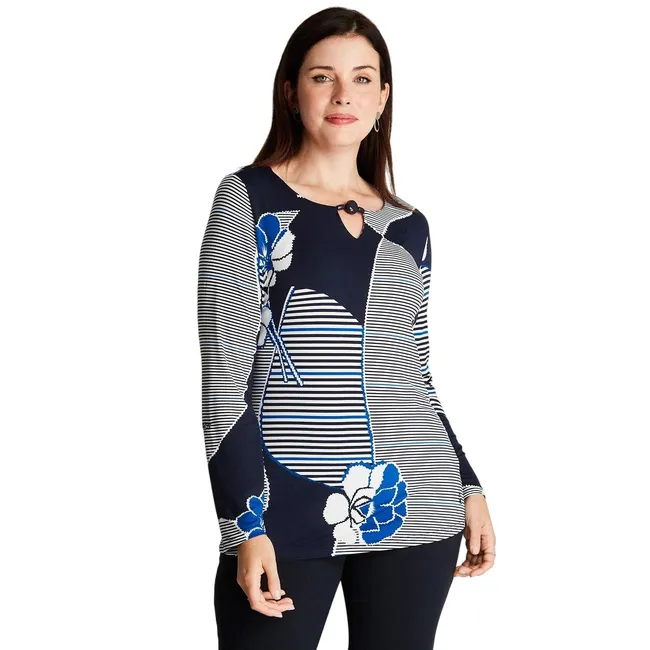 LORENZO DI PONTTI - Polera Azul Manga Larga Estampado Cuello V