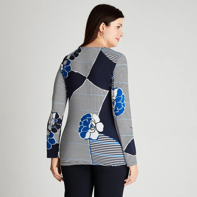 LORENZO DI PONTTI - Polera Azul Manga Larga Estampado Cuello V