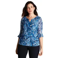 Polera Azul Manga Larga Estampado Cuello V