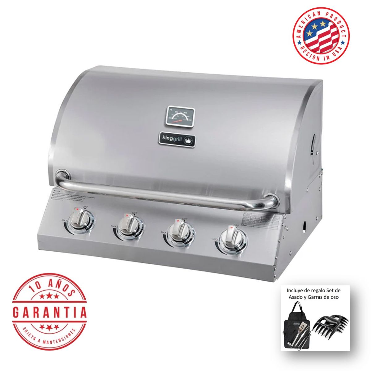 KING GRILL - Parrilla a gas empotrada de 4 quemadores - Acero inoxidable