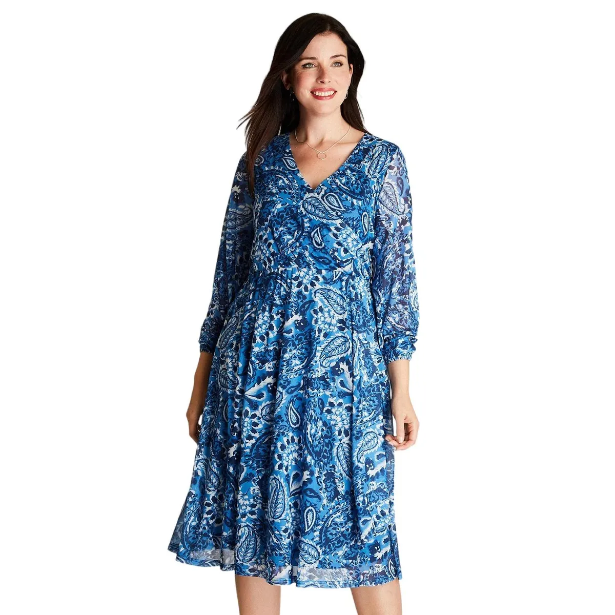 LORENZO DI PONTTI - Vestido Midi Azul Manga Larga Estampado Cuello V