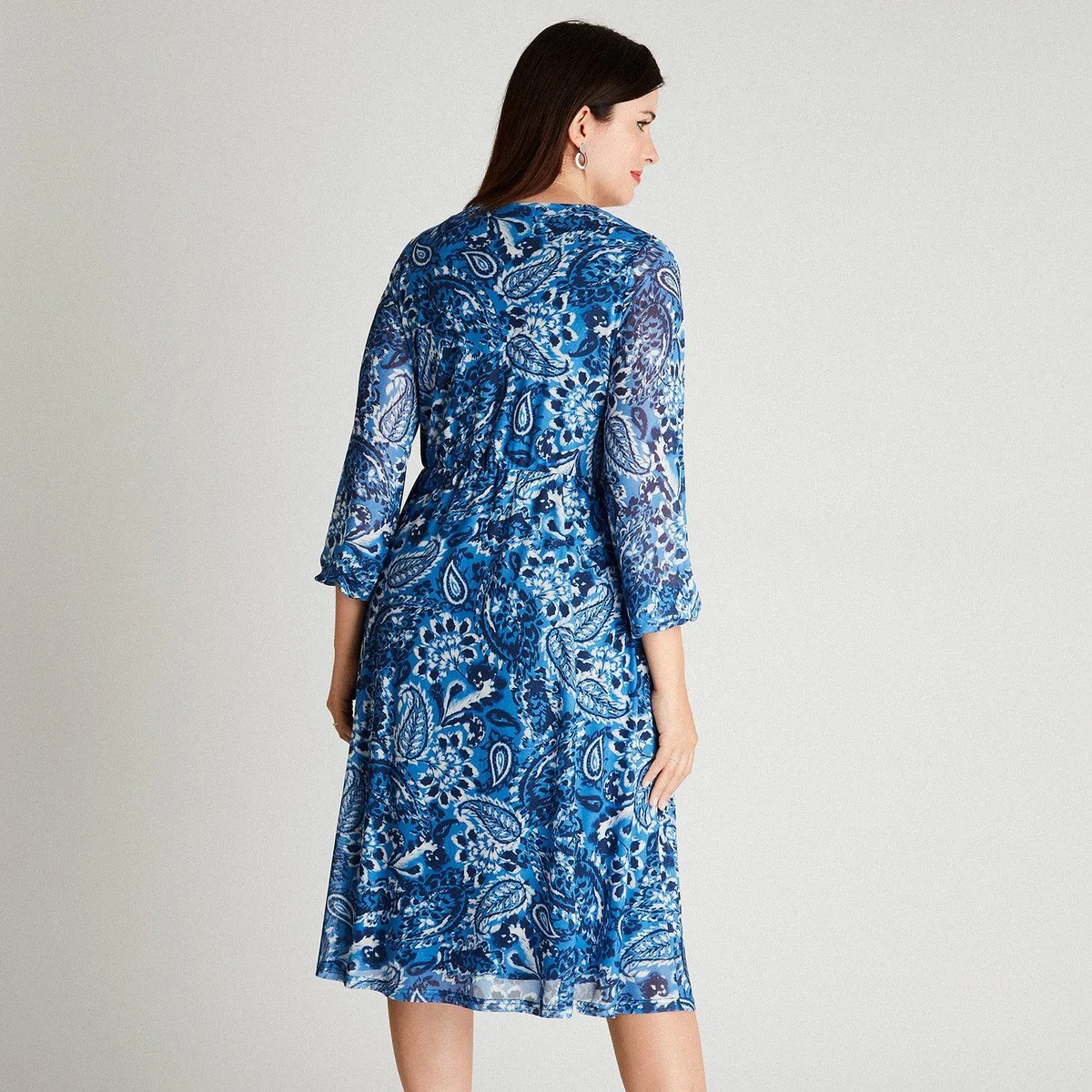 LORENZO DI PONTTI - Vestido Midi Azul Manga Larga Estampado Cuello V