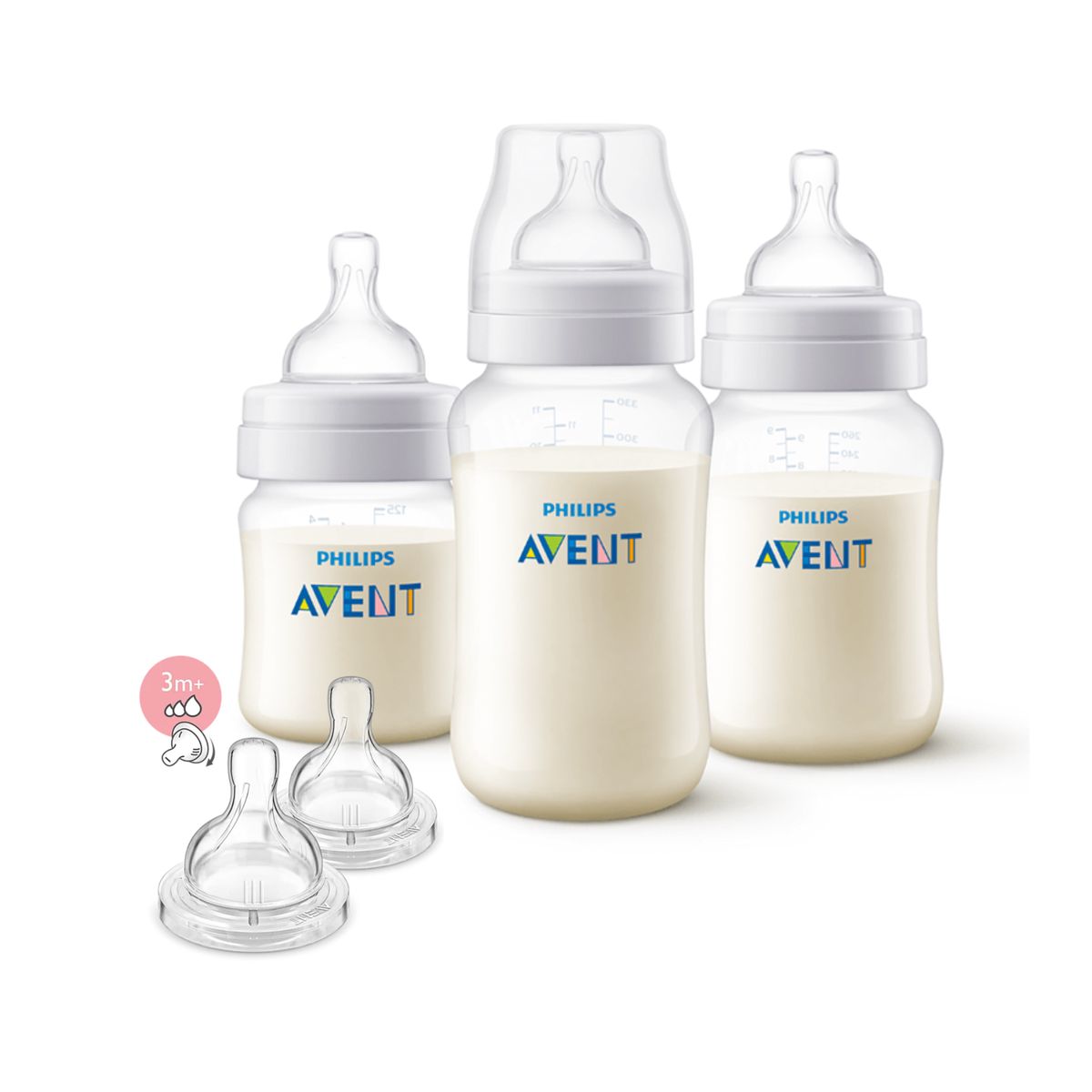 AVENT - Set mamadera anti-colic 125 ML+260ML+330 ML + 2 Tetinas 3m+
