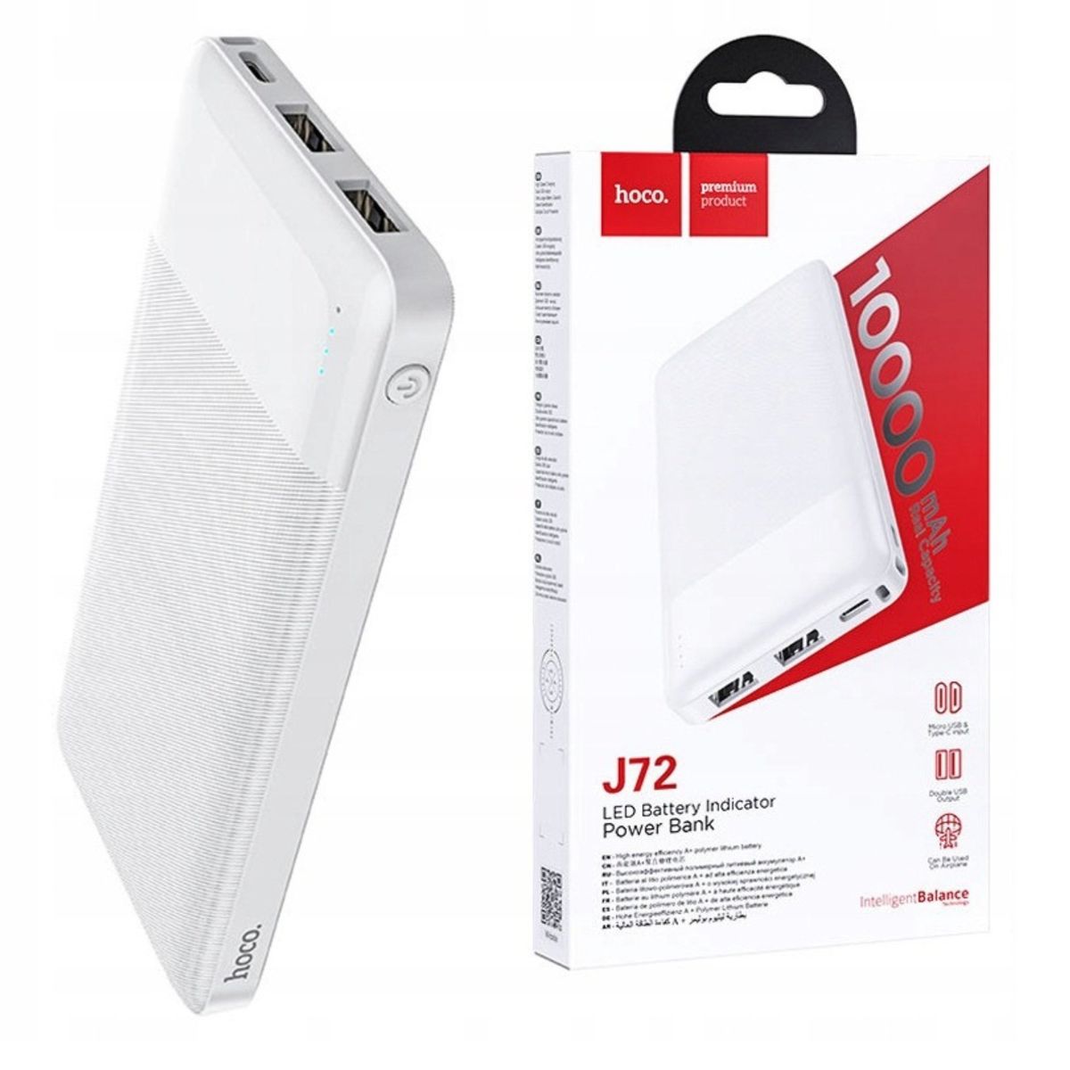 HOCO - Power Bank Portatil 10000 mAh Blanco Hoco 2 USB + USB-C