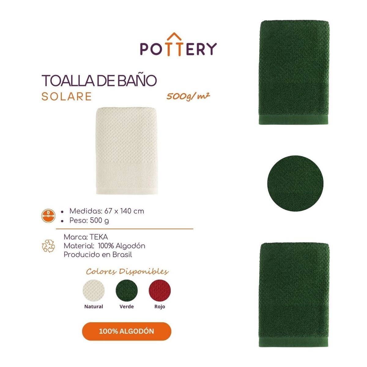 TEKA - Toalla de Baño Solare Natural - 100% Algodón - 500gm² - Teka