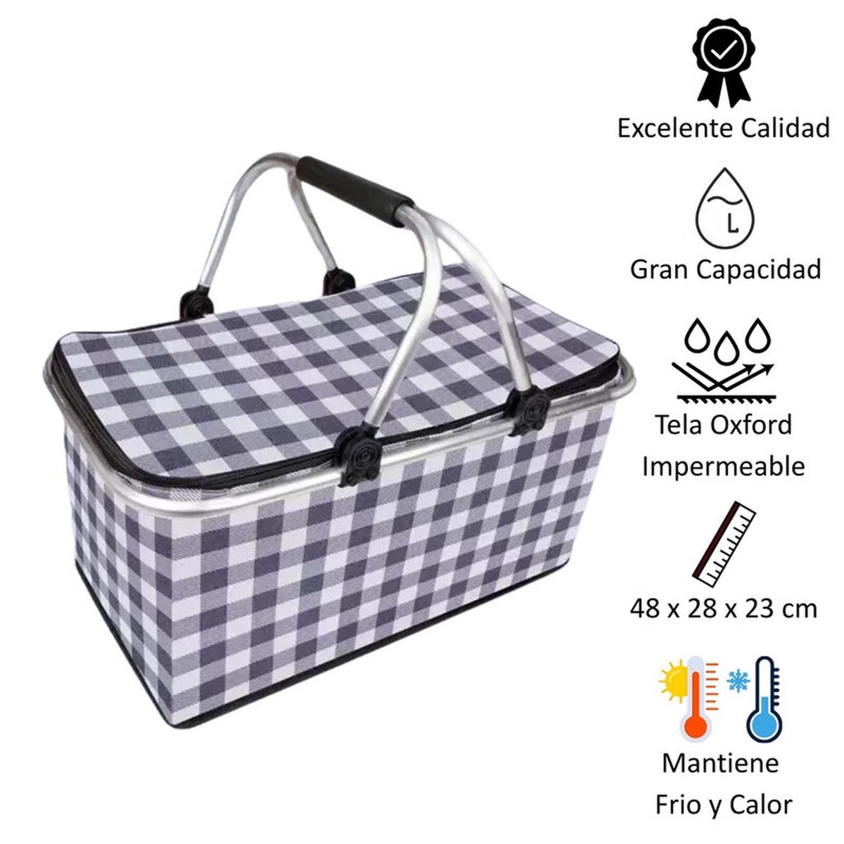 KIVARA - Bolso Termico Plegable Cuadros Negros Cooler Canasta Picnic
