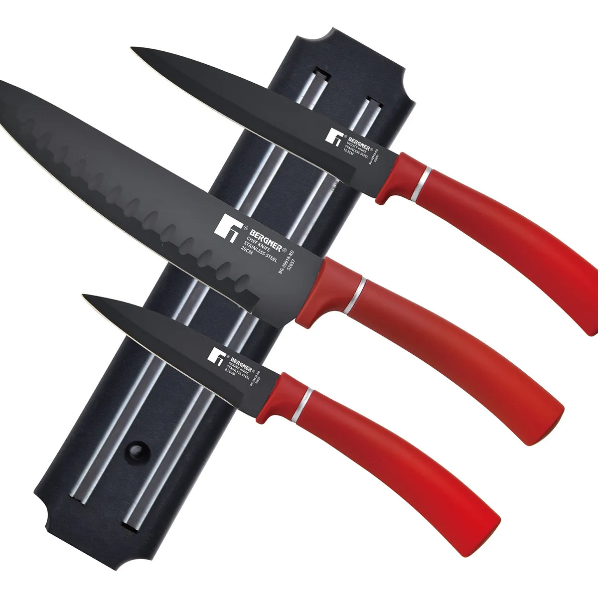 BERGNER - SET 3 CUCHILLOS + BARRA MAGNETICA ACERO INOX ROJO CLASSIQUE