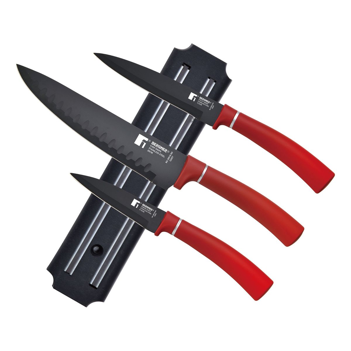 BERGNER - SET 3 CUCHILLOS + BARRA MAGNETICA ACERO INOX ROJO CLASSIQUE