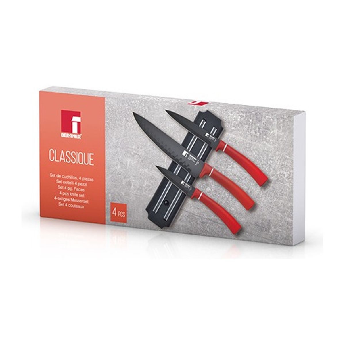 BERGNER - SET 3 CUCHILLOS + BARRA MAGNETICA ACERO INOX ROJO CLASSIQUE