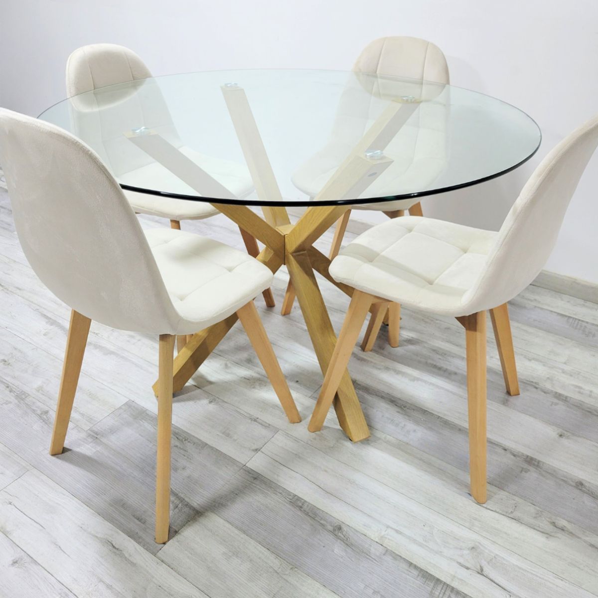 PANDALINO - Comedor Mesa Redonda Equiz 100cm + 4 Sillas Vorak Beige - Elegante