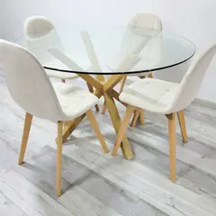 PANDALINO - Comedor Mesa Redonda Equiz 100cm + 4 Sillas Vorak Beige - Elegante