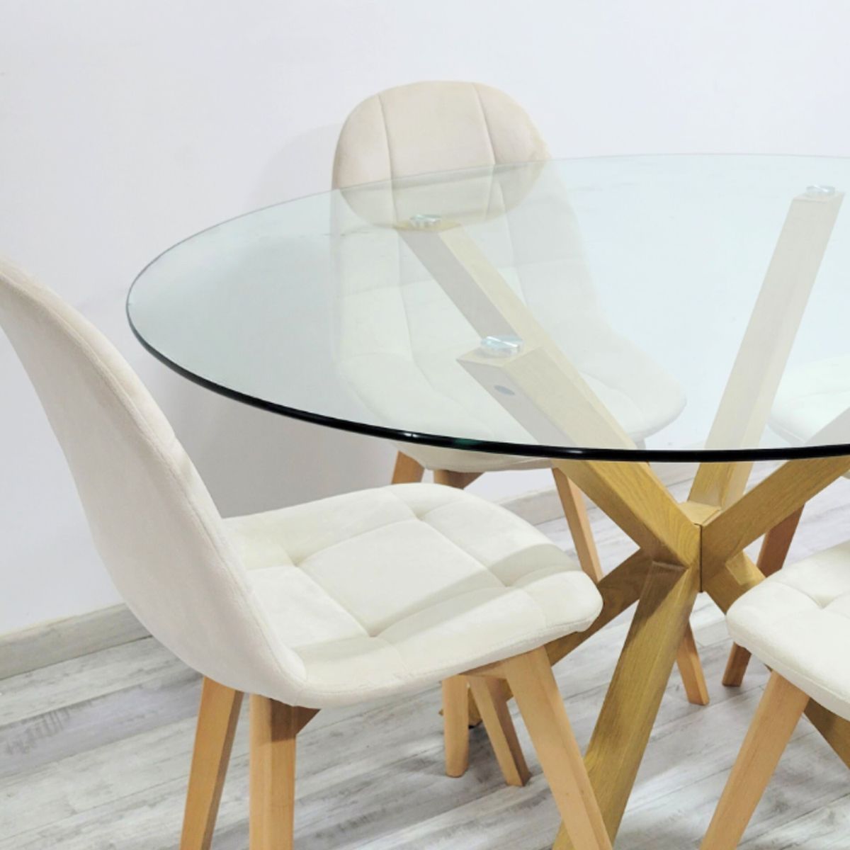 PANDALINO - Comedor Mesa Redonda Equiz 100cm + 4 Sillas Vorak Beige - Elegante