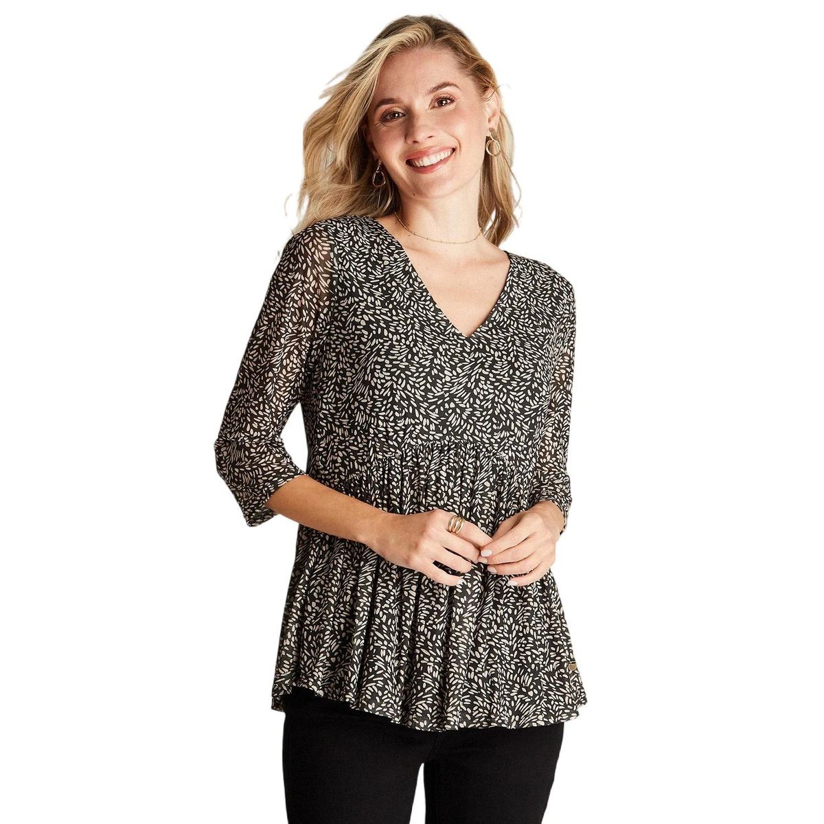 CURVI - Polera Negro Manga 3,4 Estampado Cuello V