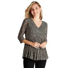 CURVI - Polera Negro Manga 3,4 Estampado Cuello V