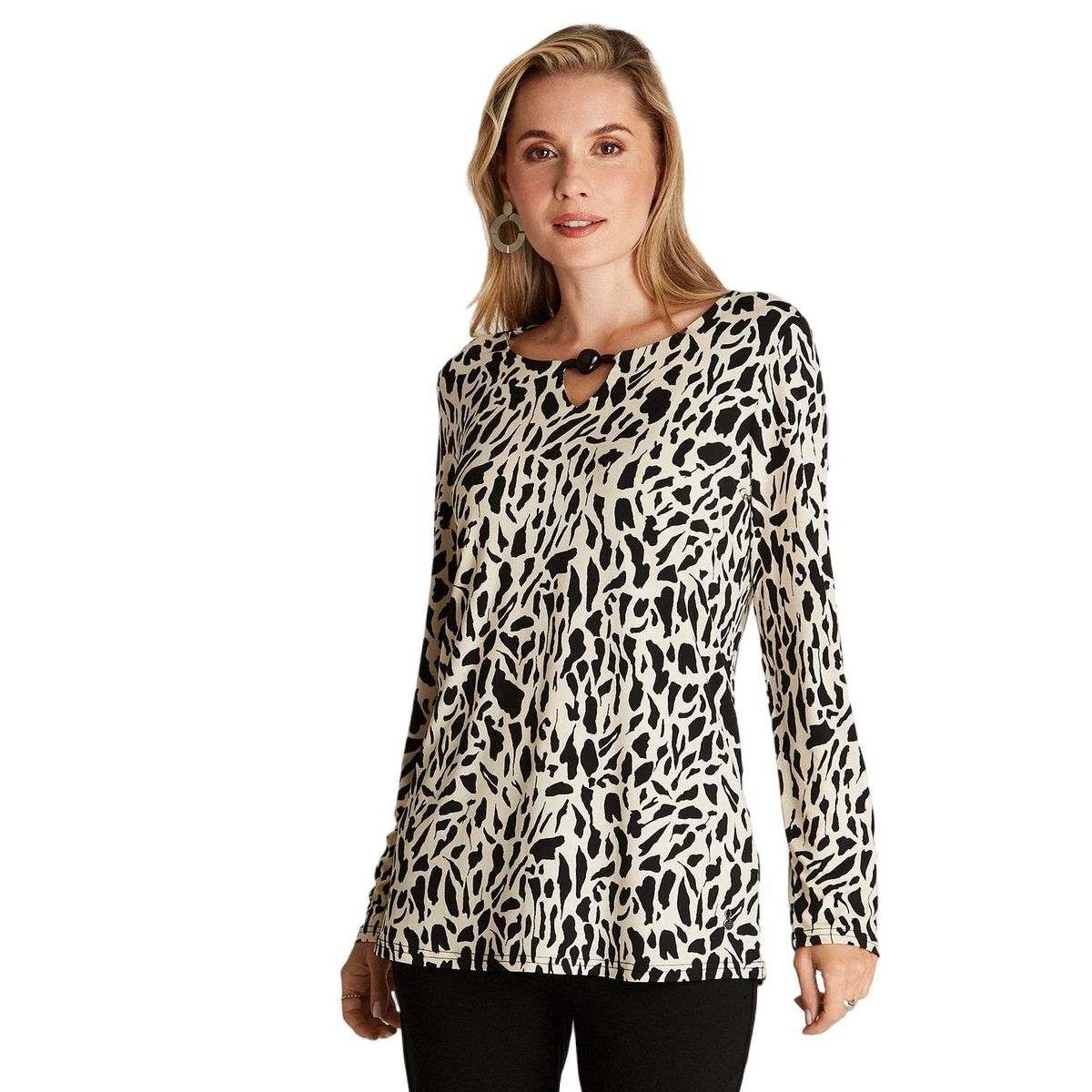 LORENZO DI PONTTI - Polera Negro Manga Larga Estampado Cuello V