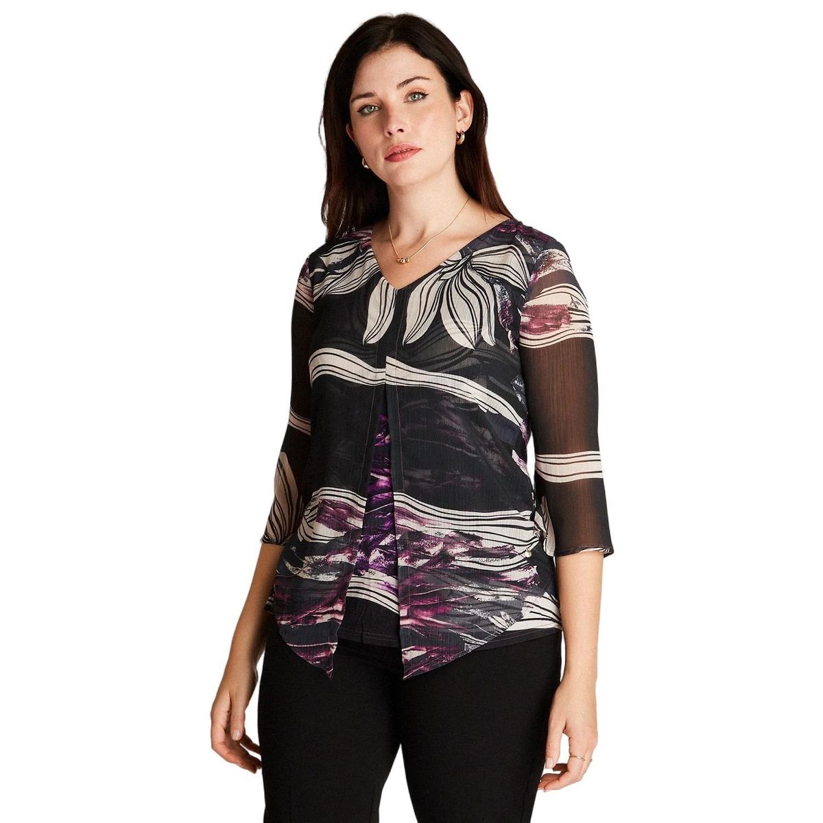 LORENZO DI PONTTI - Polera Negro Manga 3,4 Estampado Cuello V