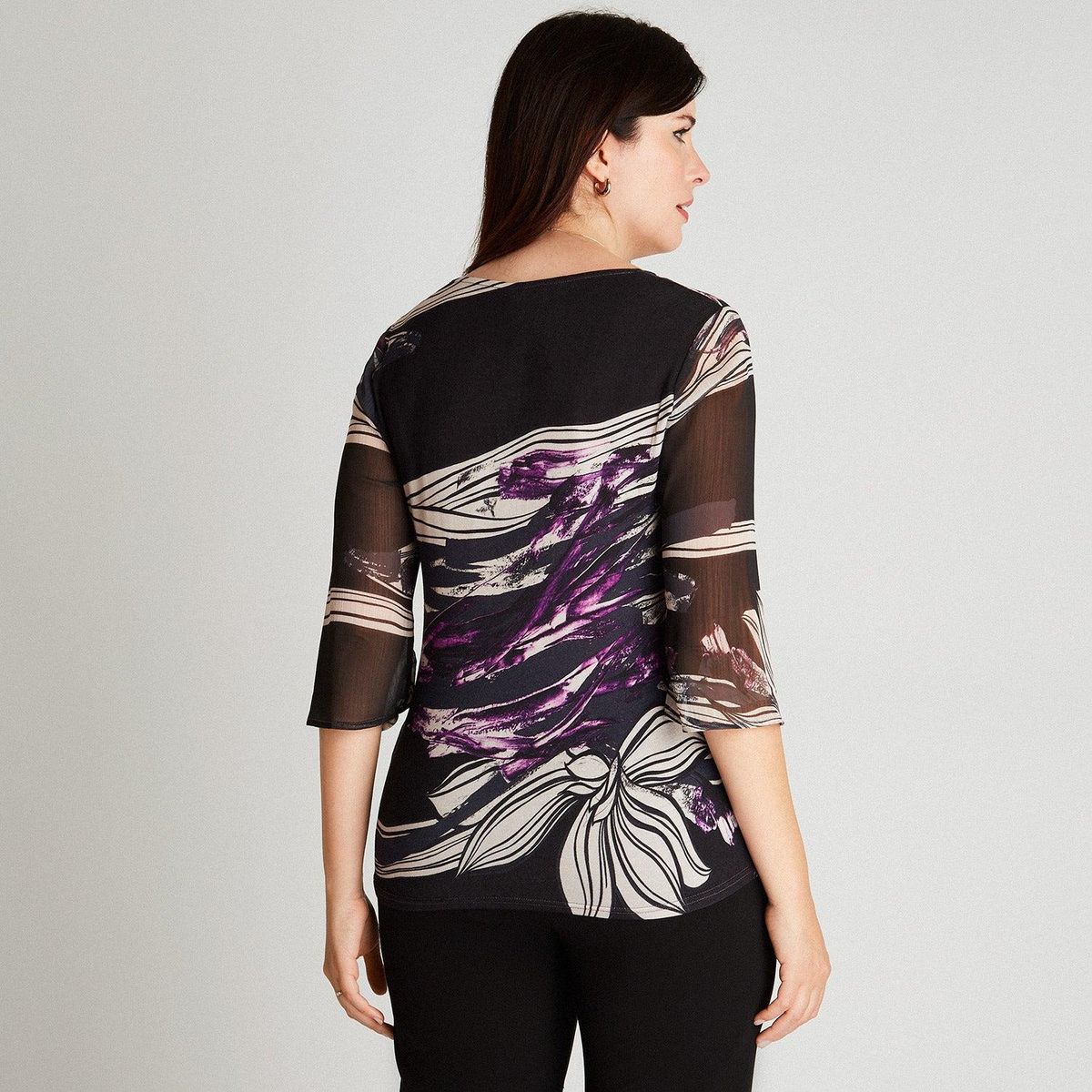 LORENZO DI PONTTI - Polera Negro Manga 3,4 Estampado Cuello V