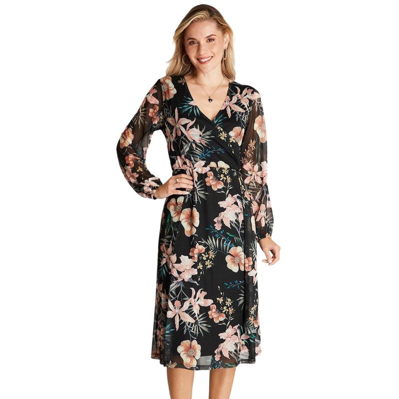 LORENZO DI PONTTI - Vestido Midi Negro Manga Larga Estampado Cuello V