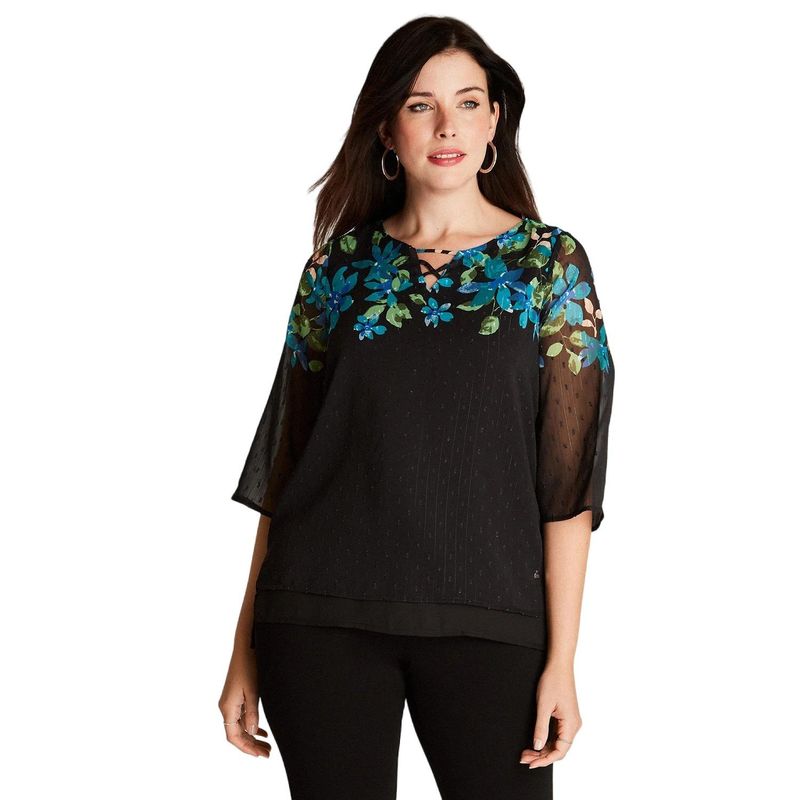 LORENZO DI PONTTI - Blusa Negra Estampado Cuello Redondo