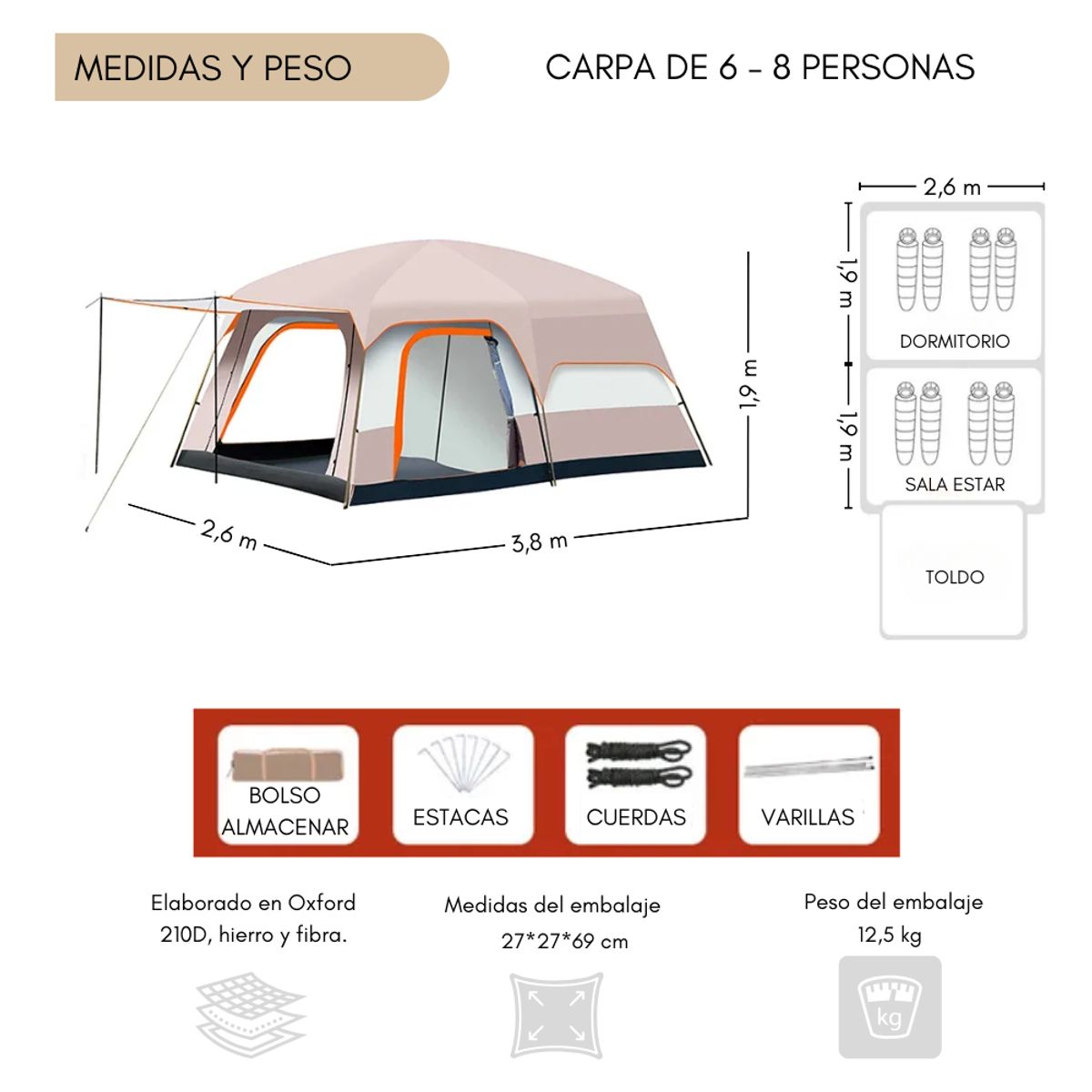 GENERICO - Carpa Camping Tienda Familiar 6-8 Personas Impermeable