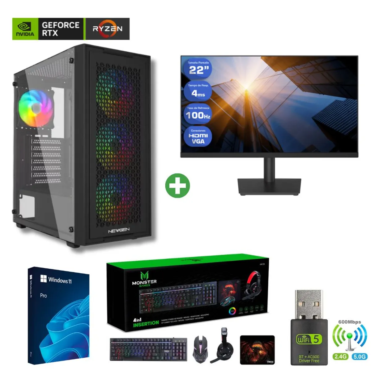 AMD CORP - Pc Gamer AMD Ryzen 5 5500 - 32GB RAM - RTX 3050 - 2TB - Wifi (Monitor 22") TNM01