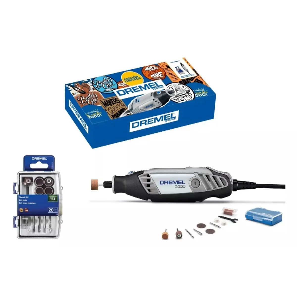 DREMEL - Kit Caja Dremel 3000 + 10 Acc + Kit Madera 20 Pzas (mod.733)