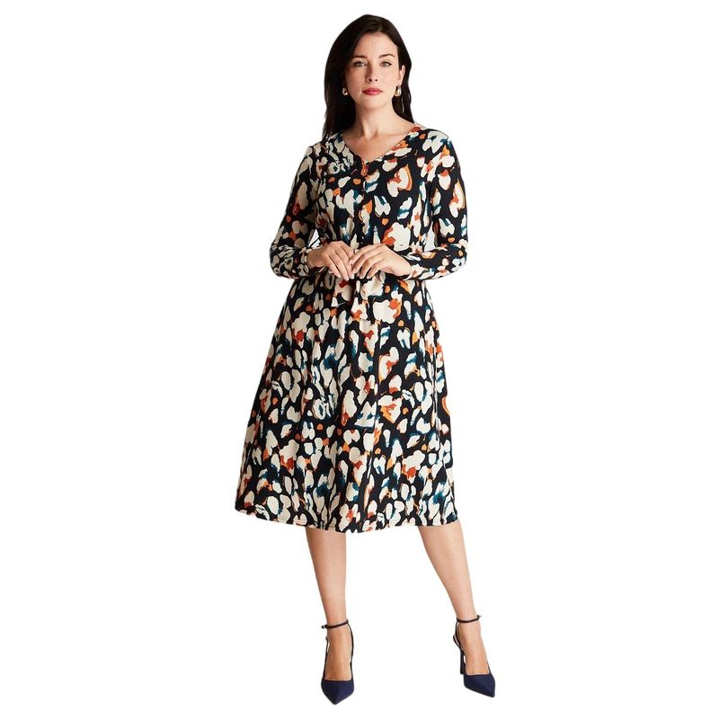 LORENZO DI PONTTI - Vestido Midi Azul Manga Larga Estampado Cuello V