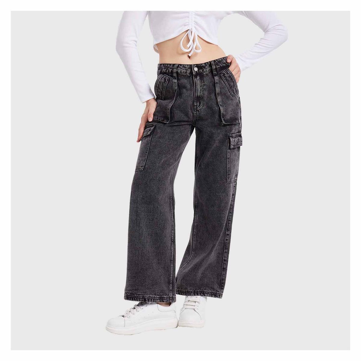 FASHION'S PARK - Jeans Mujer Recto Cargo Gris Fashions Park