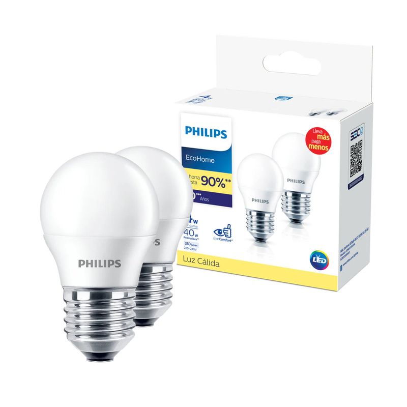 PHILIPS - Set 2 Ampolletas Pequeñas Philips Led G45 4W E27 Luz Calida 350 Lm