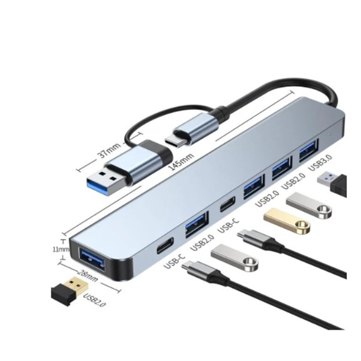 GENERICO - Hub Adaptador USB y Tipo C 8 en 2