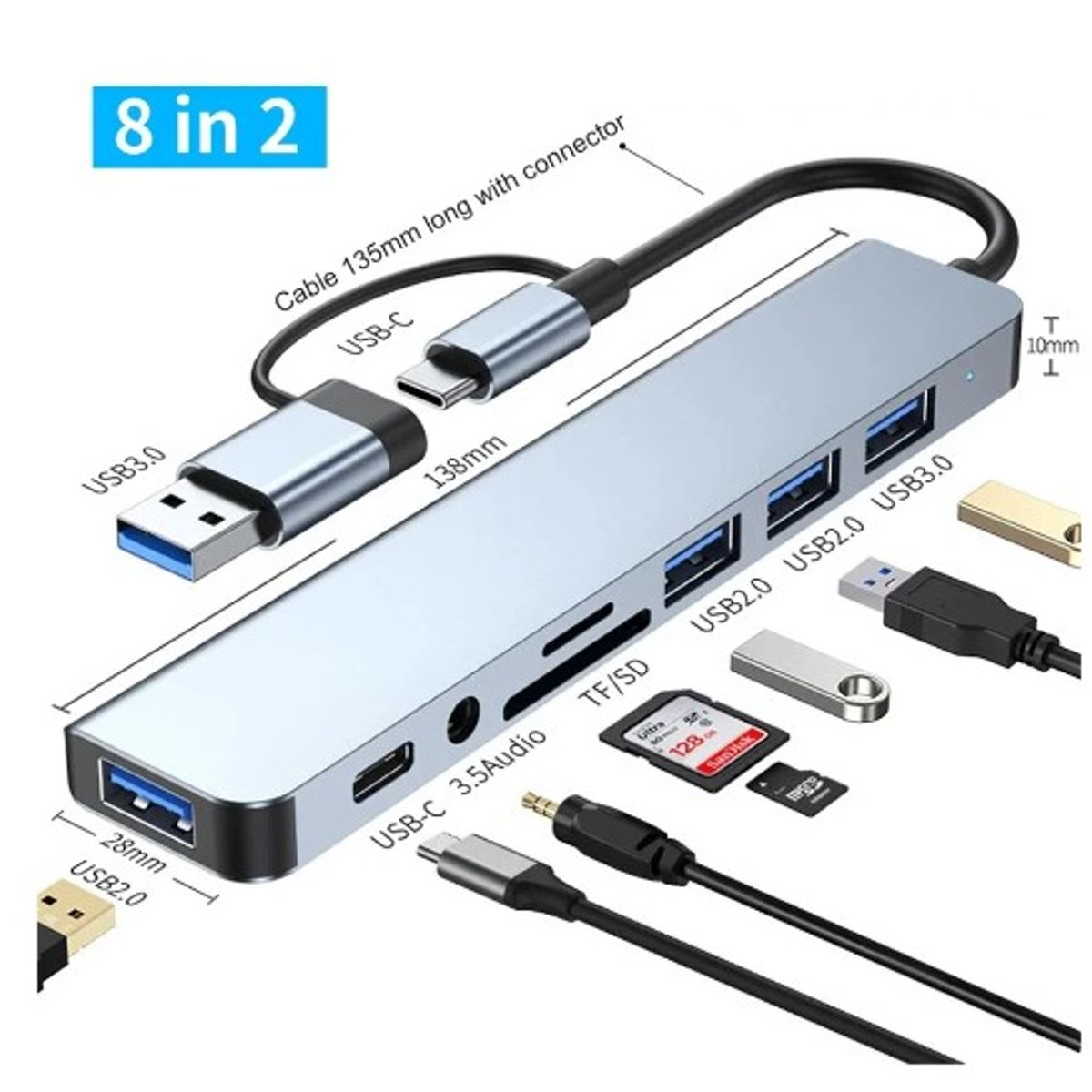 GENERICO - Hub Adaptador USB y Tipo C 8 en 2