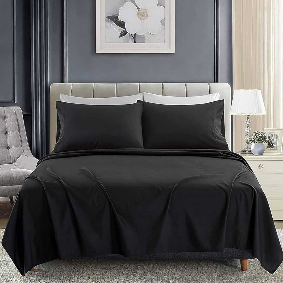 GENERICO - SABANA NEGRO UNICOLOR KING 4 PIEZAS ALGODON MARIA
