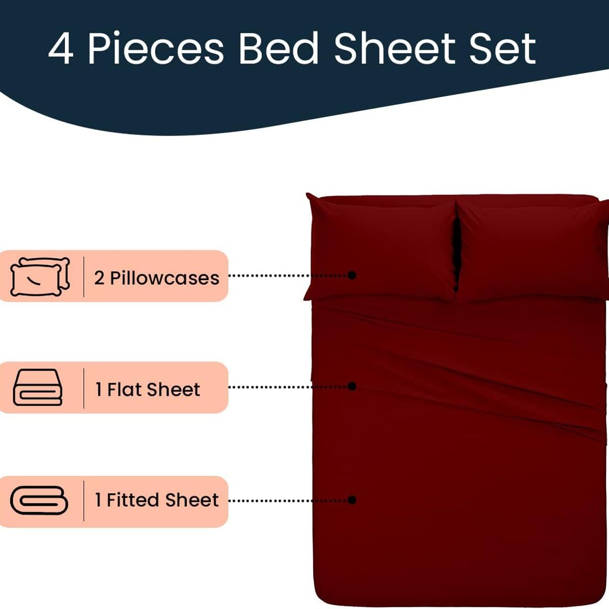 GENERICO - SABANA UNICOLOR 2 PLAZAS COLOR BURDEO 4 PIEZAS ALGODON MARIA