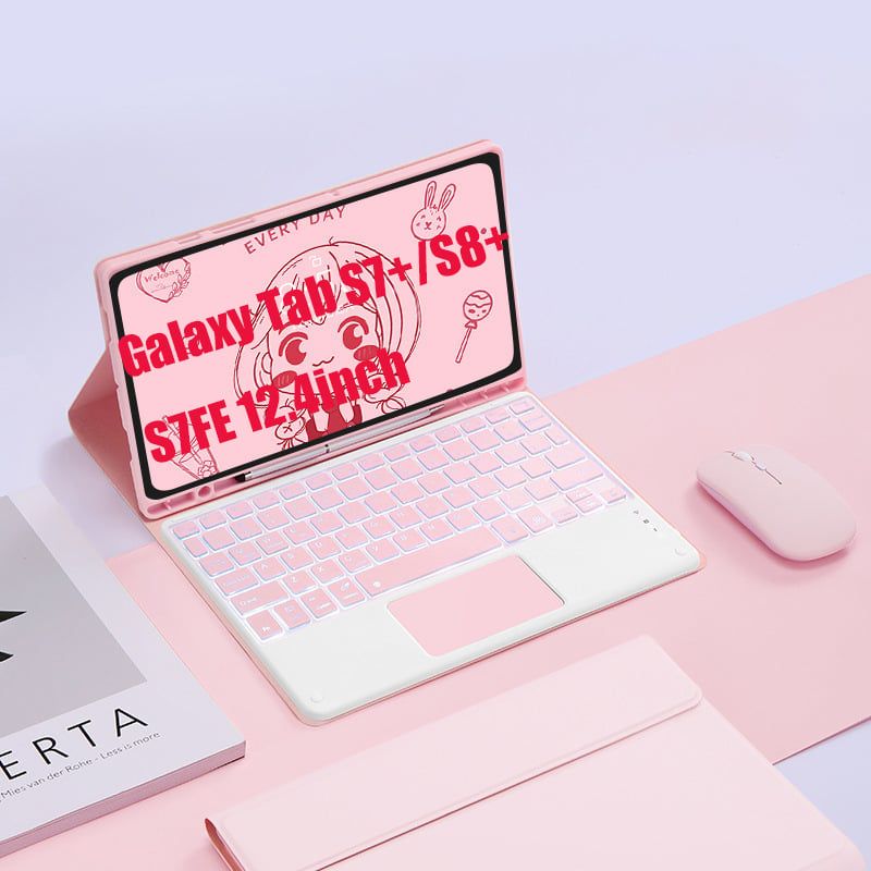 SHARGE - Teclado y Ratón BT Tab S7+S8+S7FE 12.4in Backlight Tocar Ñ-Rosa