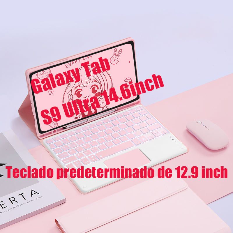 SHARGE - Teclado y Ratón BT Galaxy Tab S9 Ultra 14.6in Backlight Tocar Ñ-Rosa
